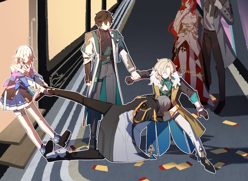 trailblazer, march 7th, caelus, aventurine, dan heng, and 2 more (honkai and 1 more) drawn by nara_nakiri