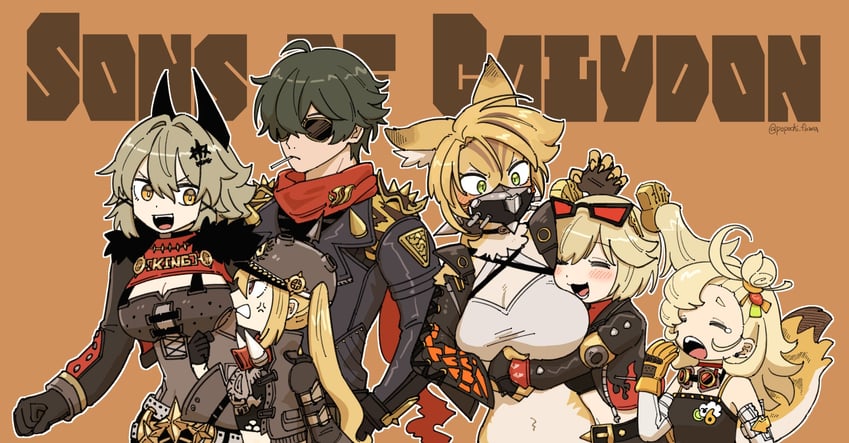 burnice white, luciana de montefio, caesar king, lighter, piper wheel, and 1 more (zenless zone zero) drawn by popochi_fuwa