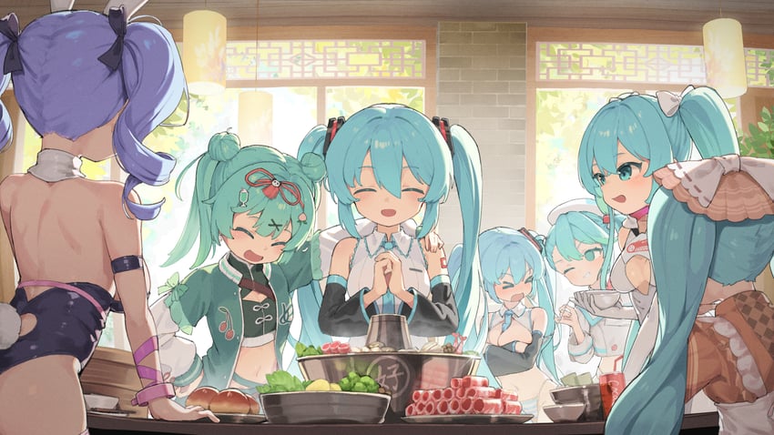hatsune miku, yuki miku, magical mirai miku, and racing miku (vocaloid and 4 more) drawn by biluoyao