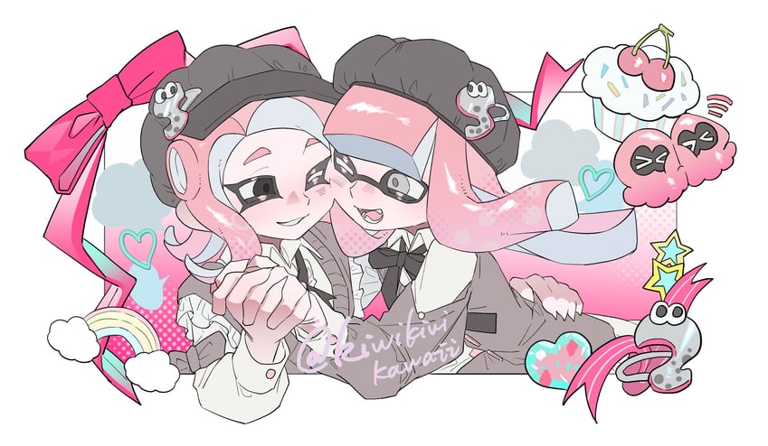 inkling player character, inkling girl, octoling player character, and octoling girl (splatoon) drawn by kiwi_splatoon