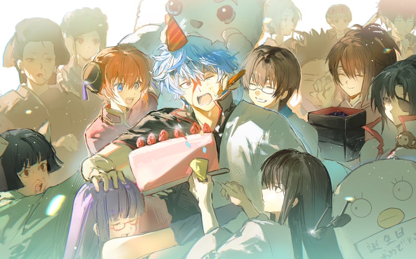 sakata gintoki, kagura, okita sougo, hijikata toushirou, shimura shinpachi, and 13 more (gintama) drawn by watanabe_kawa