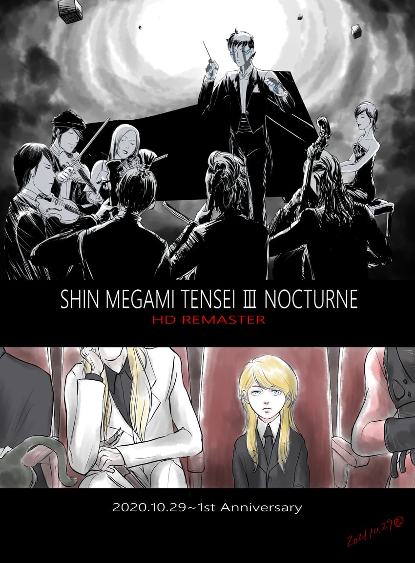demi-fiend, kuzunoha raidou, gouto, lucifer, takao yuko, and 7 more (shin megami tensei and 1 more) drawn by 31eom211