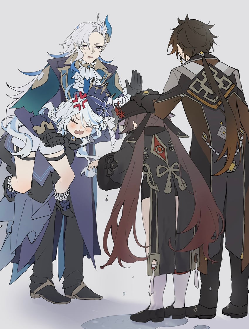 hu tao, furina, zhongli, and neuvillette (genshin impact) drawn by hoshiyui_tsukino