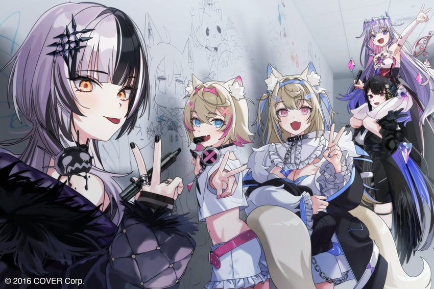 shiori novella, nerissa ravencroft, fuwawa abyssgard, mococo abyssgard, and koseki bijou (hololive and 1 more) drawn by yomosaka