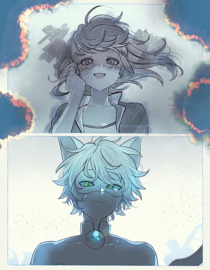 marinette dupain-cheng, adrien agreste, and chat blanc (miraculous ladybug) drawn by seio_(nao_miragggcc45)