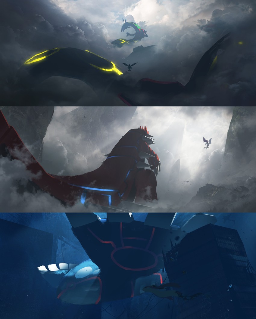 flygon, milotic, rayquaza, kyogre, groudon, and 3 more (pokemon) drawn by asteroid_ill