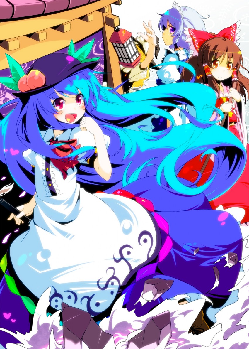 hakurei reimu, kirisame marisa, izayoi sakuya, and hinanawi tenshi (touhou) drawn by sw_(taco)