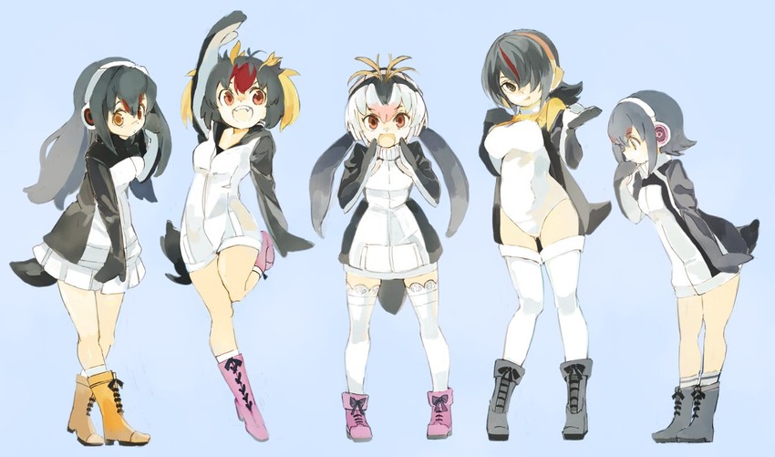 emperor penguin, humboldt penguin, royal penguin, rockhopper penguin, and gentoo penguin (kemono friends) drawn by konabetate