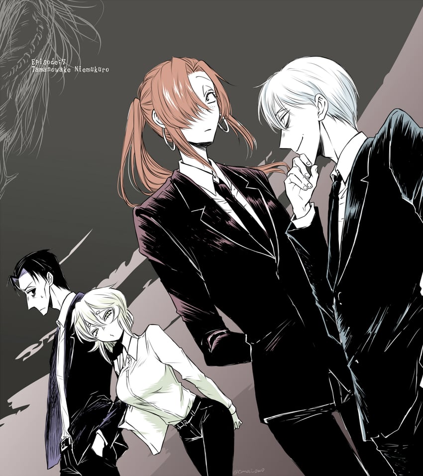 asama hirotaka, inubousaki shioi, sanda tsurugi, and hino aoyoshi (nikubami honegishimi) drawn by runarica0914