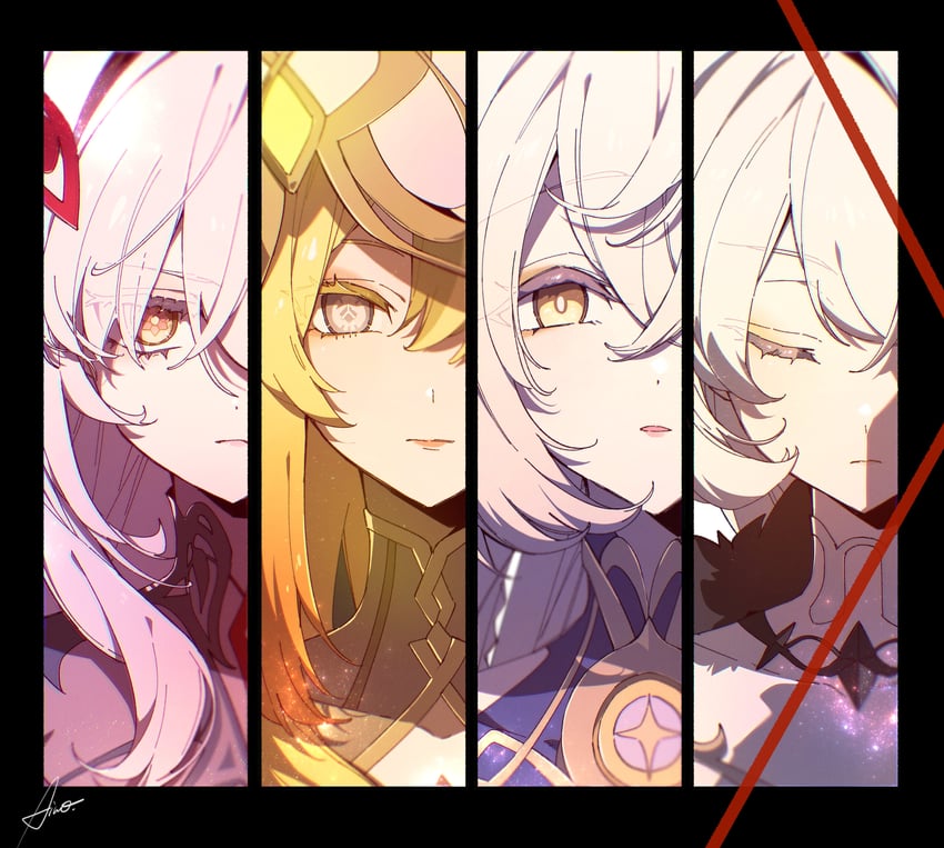 asmoday, ronova, istaroth, and rhinedottir (genshin impact) drawn by aiwo_o_lite