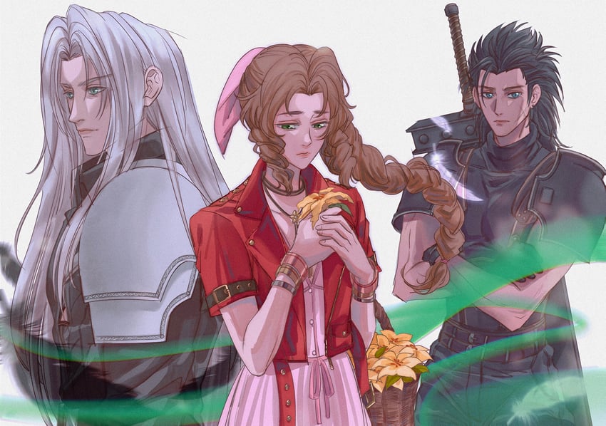 aerith gainsborough, sephiroth, and zack fair (final fantasy and 2 more) drawn by sylvthea