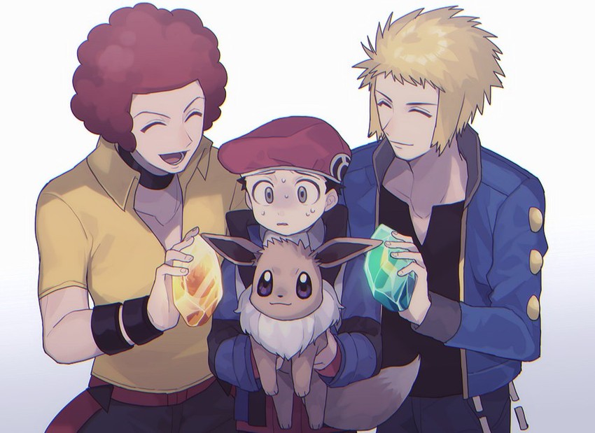 eevee, lucas, volkner, and flint (pokemon and 2 more) drawn by asari_(ikite_oshi)