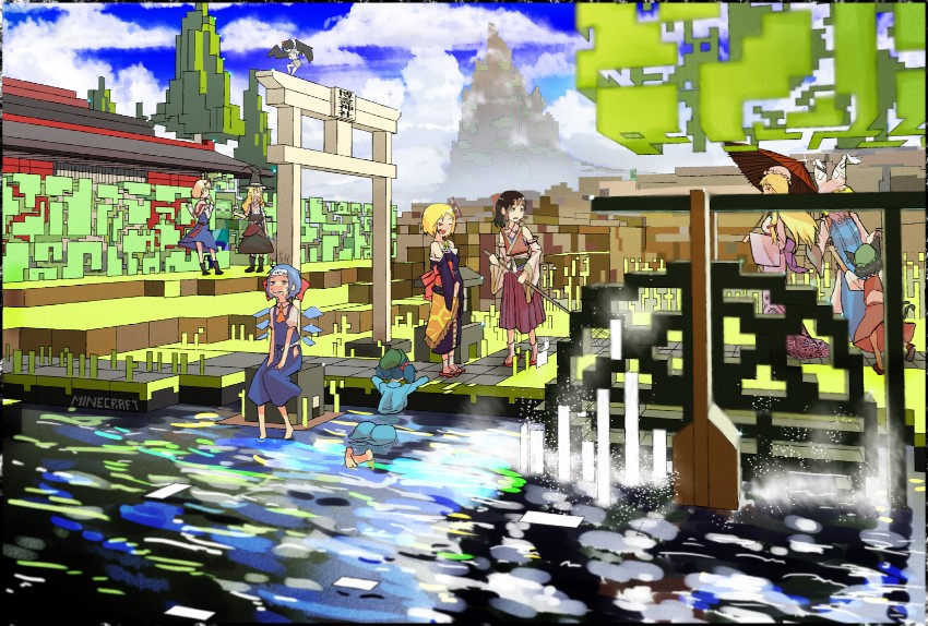 hakurei reimu, kirisame marisa, alice margatroid, cirno, yakumo yukari, and 6 more (touhou and 1 more) drawn by gozaemon