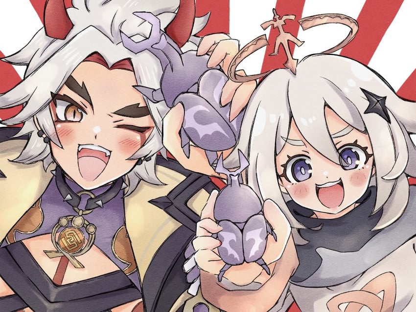 paimon, arataki itto, and onikabuto (genshin impact) drawn by kazunokoumaa_(mymyabyss)