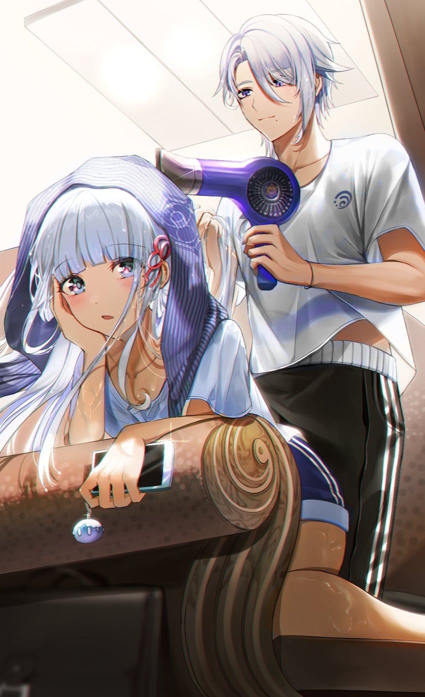 kamisato ayaka, slime, and kamisato ayato (genshin impact) drawn by isobe47