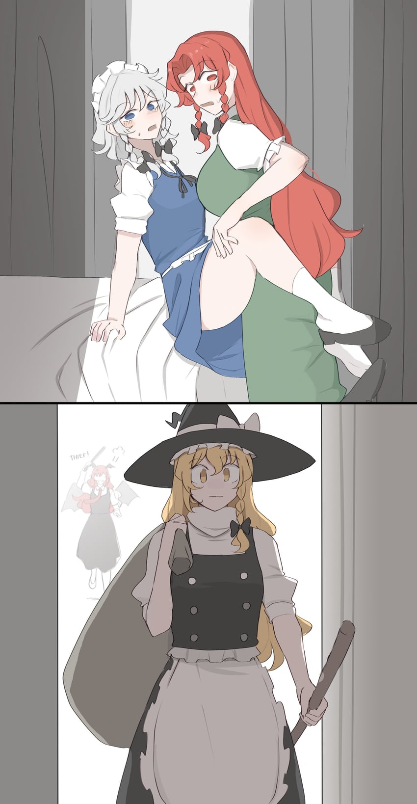 kirisame marisa, izayoi sakuya, hong meiling, and koakuma (touhou) drawn by mata_(matasoup)