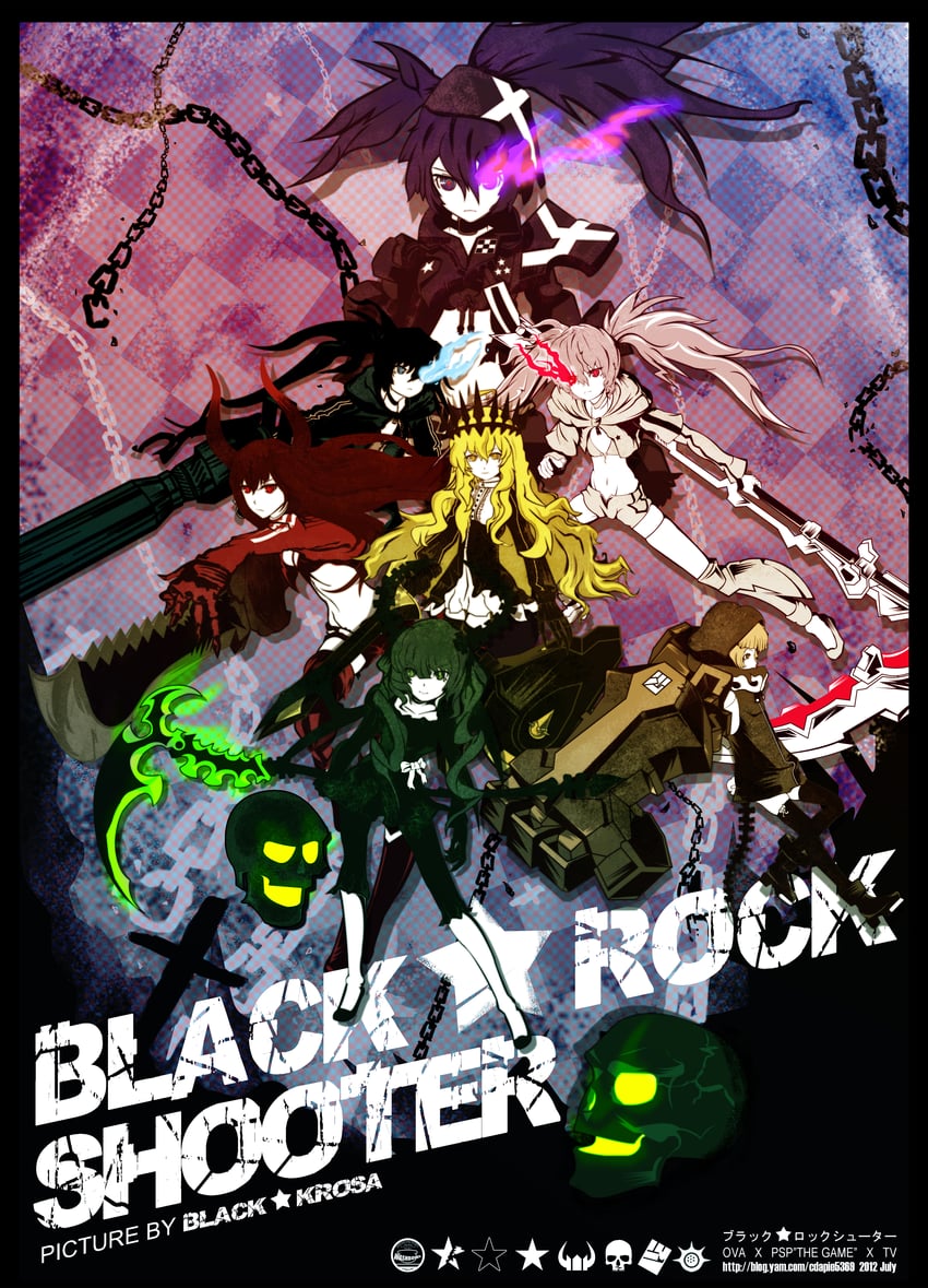 black rock shooter, dead master, strength, black gold saw, chariot, and 2 more (black rock shooter) drawn by black_krosa