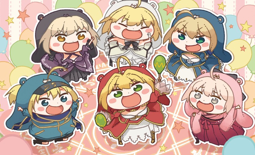 artoria pendragon, saber, nero claudius, okita souji, saber alter, and 4 more (fate and 2 more) drawn by tomiwo