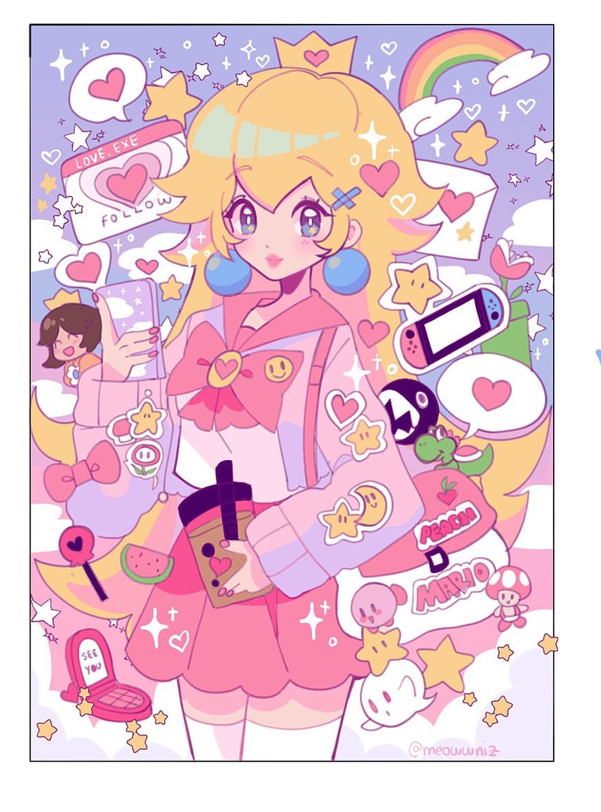 kirby, princess peach, princess daisy, boo, yoshi, and 3 more (mario and 1 more) drawn by meowwniz