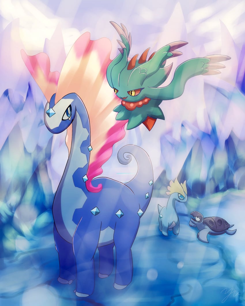flutter mane, aurorus, amaura, and tirtouga (pokemon) drawn by yu_(pocketsun636)