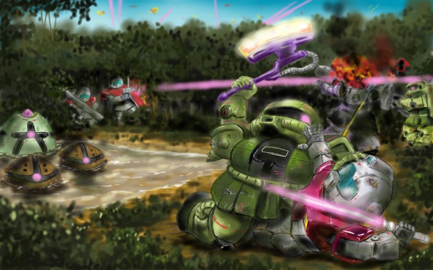 zaku ii, gm, dom, acguy, zaku ii f/j, and 1 more (gundam and 2 more) drawn by yanogon