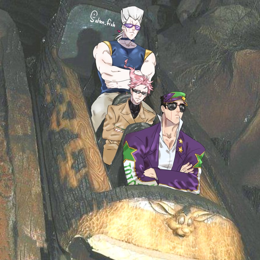 kujo jotaro, kakyoin noriaki, and jean pierre polnareff (jojo no kimyou na bouken and 1 more) drawn by salten_fish