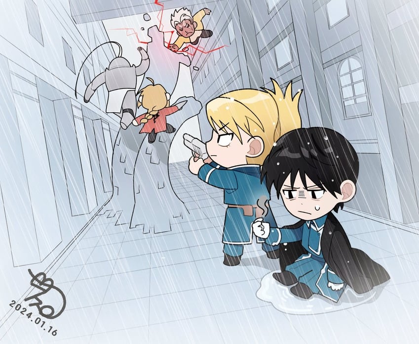 edward elric, alphonse elric, riza hawkeye, roy mustang, and scar (fullmetal alchemist) drawn by squeak_wlr1