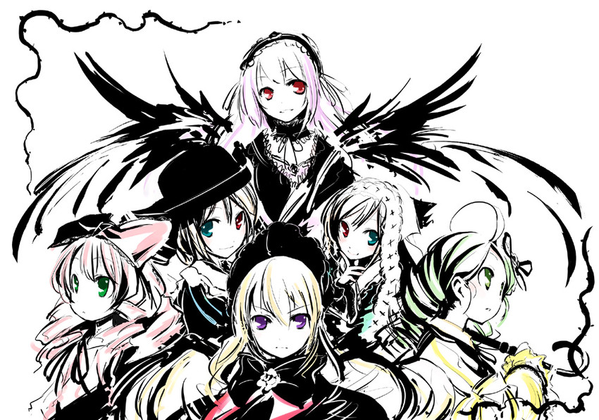 suigintou, shinku, suiseiseki, souseiseki, hinaichigo, and 1 more (rozen maiden) drawn by ushiki_yoshitaka