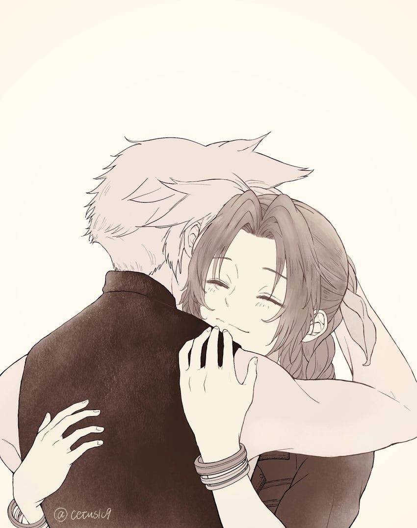 cloud strife and aerith gainsborough (final fantasy and 2 more) drawn by aireborn