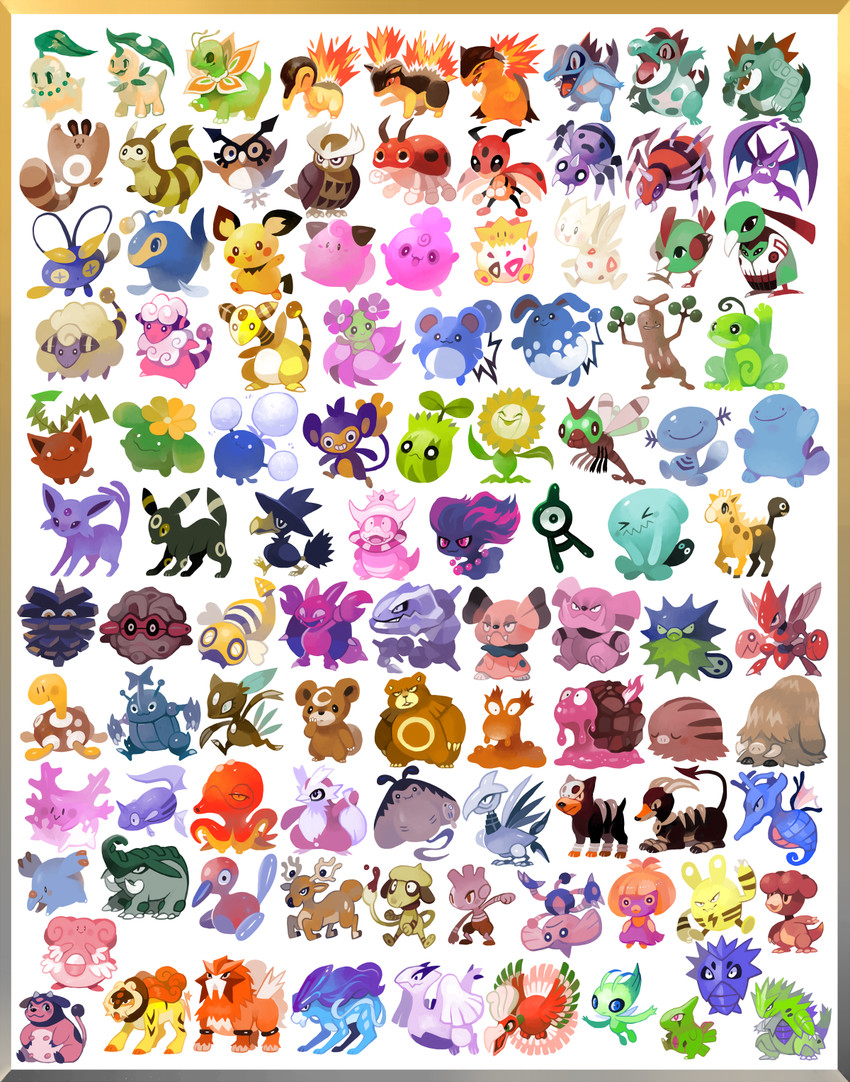 umbreon, espeon, cyndaquil, chikorita, pichu, and 96 more (pokemon and 1 more) drawn by glitchedpuppet