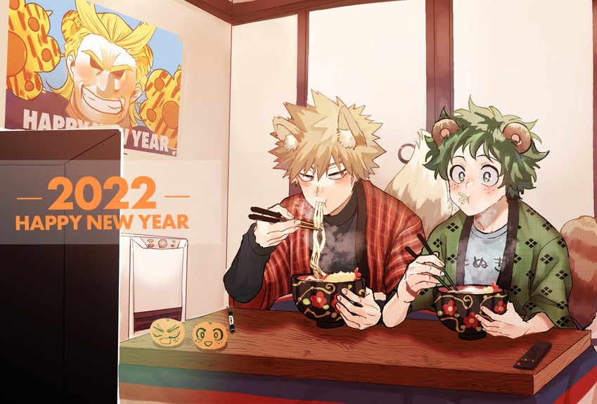 midoriya izuku, bakugou katsuki, and all might (boku no hero academia) drawn by rapiko