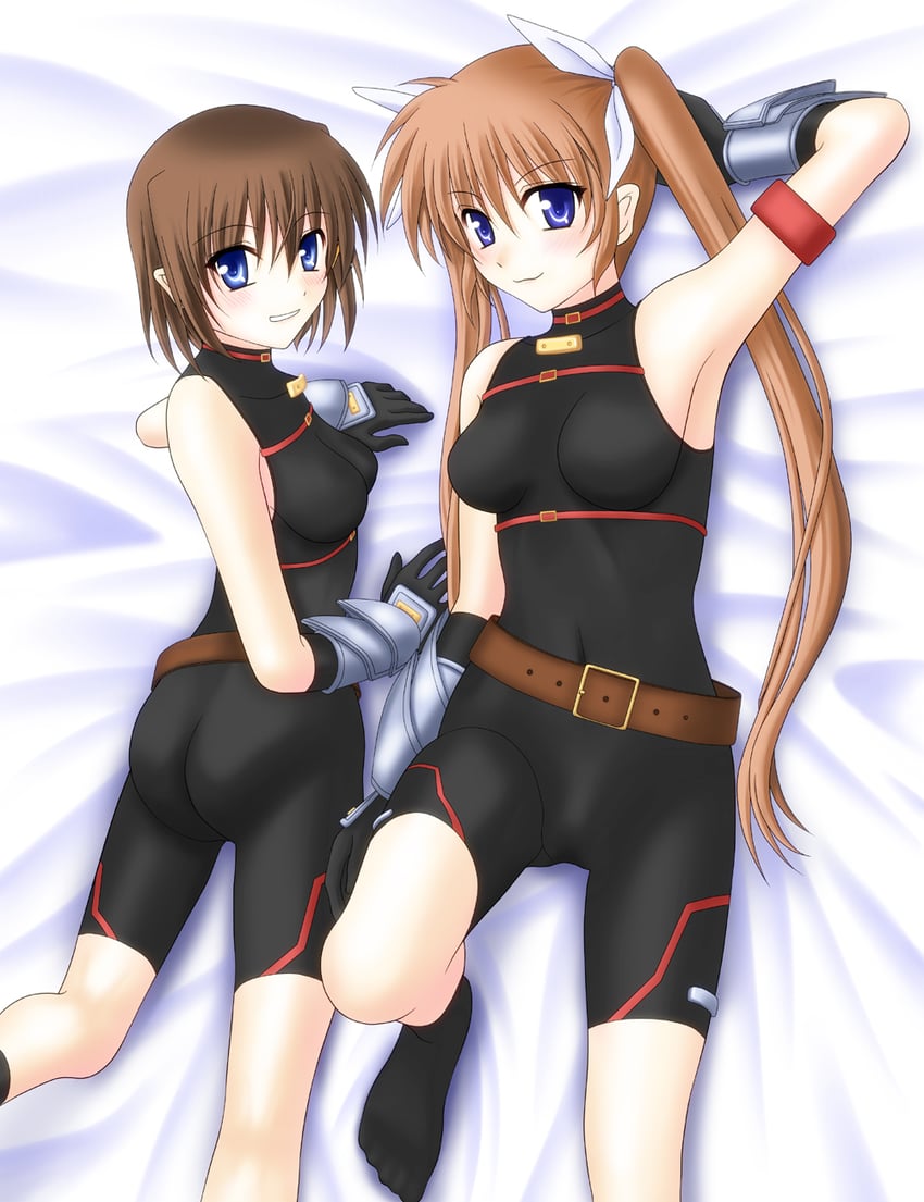 fate testarossa, takamachi nanoha, and yagami hayate (lyrical nanoha and 3 more) drawn by sooichi_(diabolicemission)