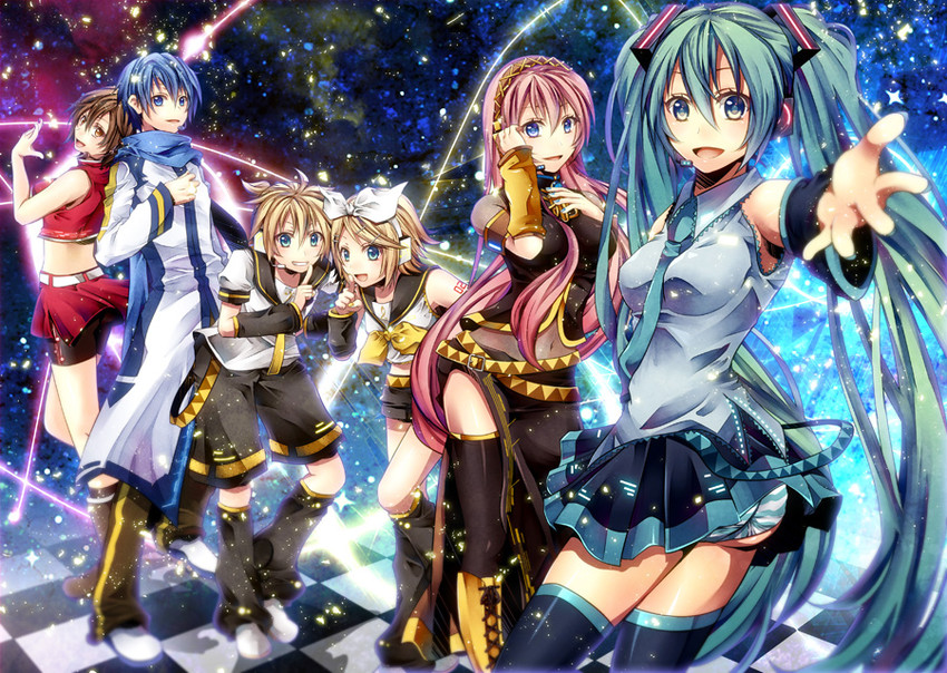 hatsune miku, kagamine rin, kagamine len, megurine luka, kaito, and 1 more (vocaloid) drawn by shiomizu_(swat)