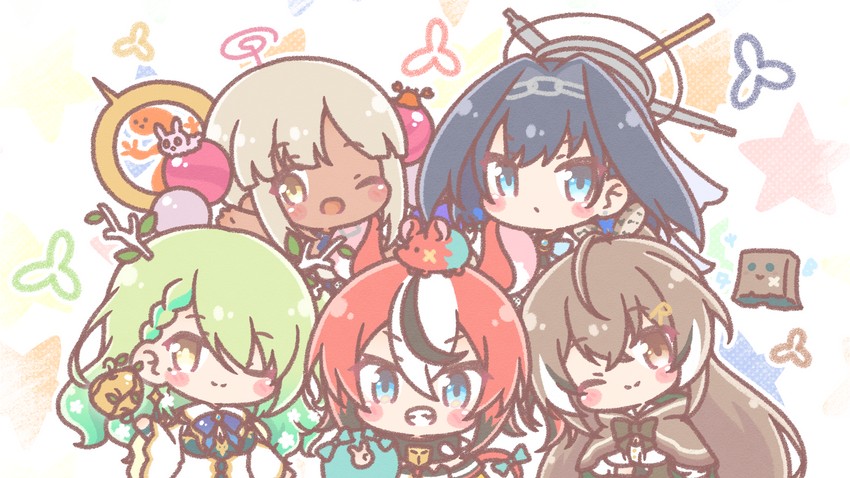 ouro kronii, nanashi mumei, hakos baelz, ceres fauna, tsukumo sana, and 2 more (hololive and 1 more) drawn by mitarashi_neko