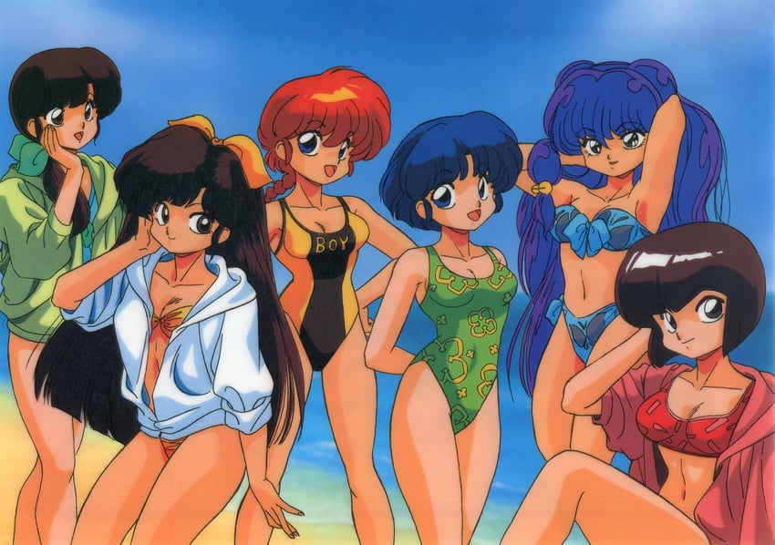 ranma-chan, shampoo, tendou akane, tendou nabiki, kuonji ukyou, and 1 more (ranma 1/2) drawn by nakajima_atsuko