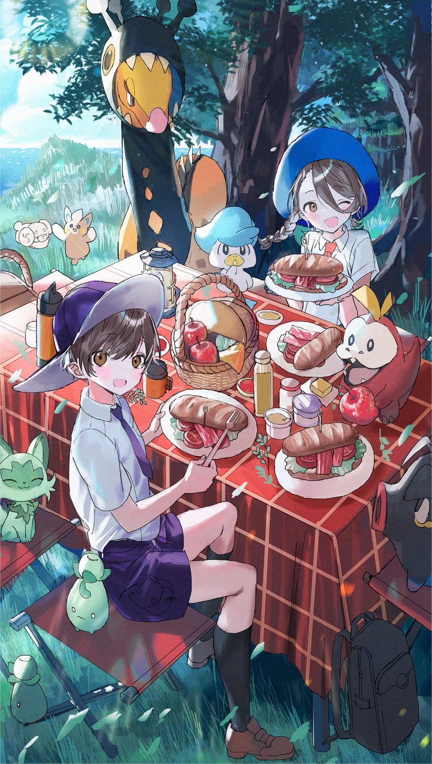 juliana, florian, sprigatito, fuecoco, quaxly, and 5 more (pokemon and 1 more) drawn by nana_tetra