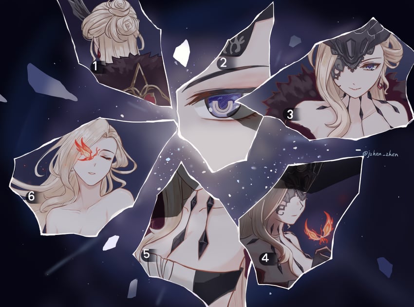 signora and crimson lotus moth (genshin impact and 3 more) drawn by j_zhen
