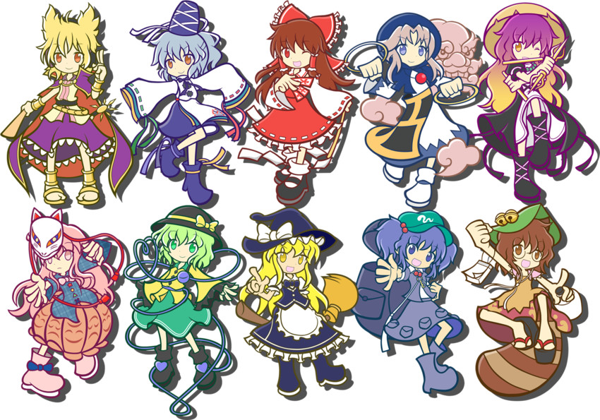 hakurei reimu, kirisame marisa, komeiji koishi, kawashiro nitori, hijiri byakuren, and 6 more (touhou and 3 more) drawn by kawamochi_(mocchii)