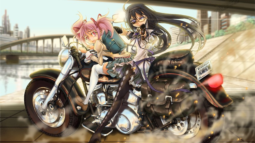 akemi homura, kaname madoka, and t-800 (mahou shoujo madoka magica and 3 more) drawn by naka_(nicovideo14185763)