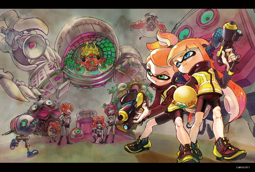 agent 3, takozonesu, octotrooper, zapfish, dj octavio, and 7 more (splatoon and 1 more) drawn by cokeshi