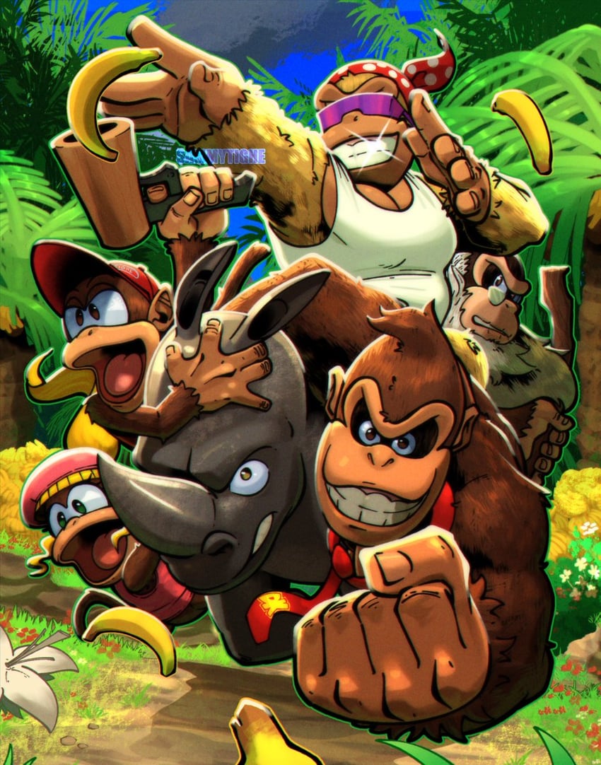 donkey kong, diddy kong, dixie kong, funky kong, cranky kong, and 1 more (donkey kong and 1 more) drawn by sammytighe