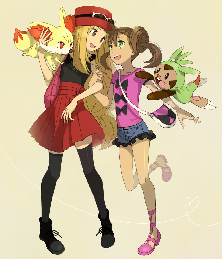 serena, fennekin, chespin, and shauna (pokemon and 1 more) drawn by inlila