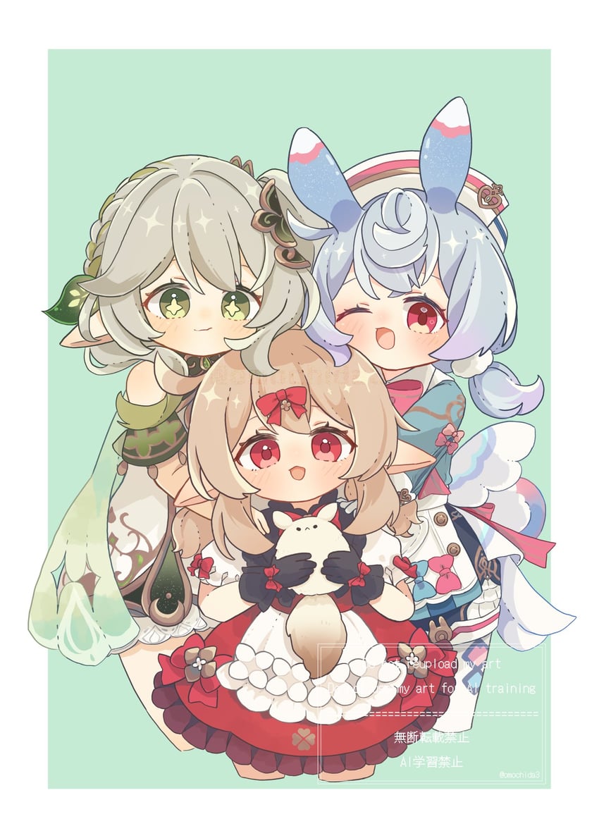 nahida, dodoco, sigewinne, and klee (genshin impact) drawn by mochida