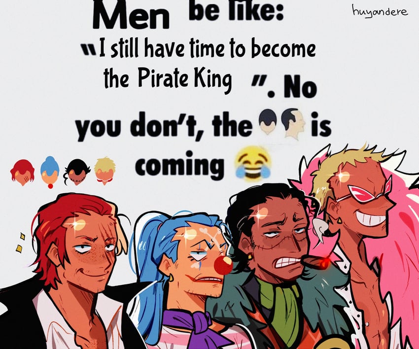 donquixote doflamingo, shanks, crocodile, and buggy the clown (one piece) drawn by huyandere
