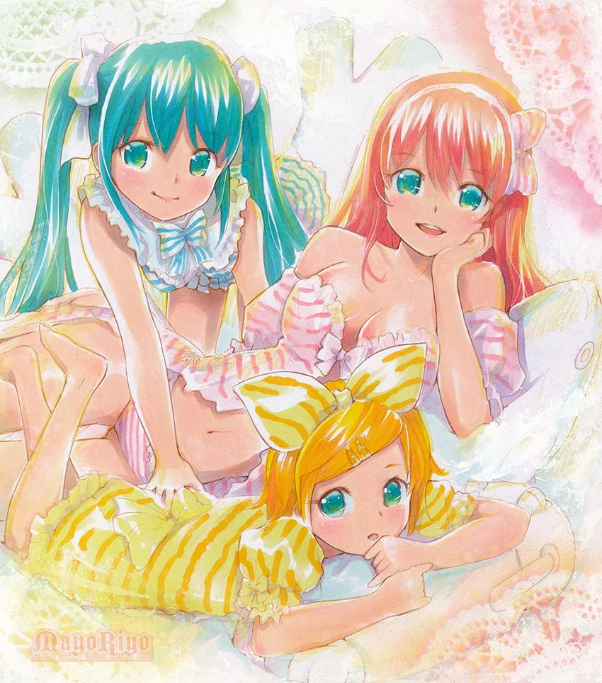 hatsune miku, kagamine rin, and megurine luka (vocaloid) drawn by mayo_riyo