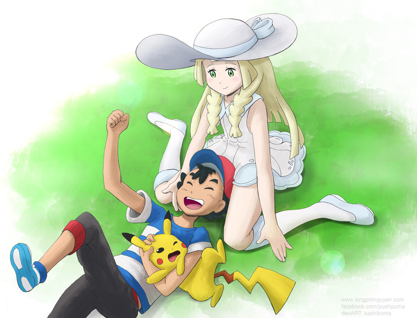pikachu, lillie, and ash ketchum (pokemon and 1 more) drawn by kashikoma