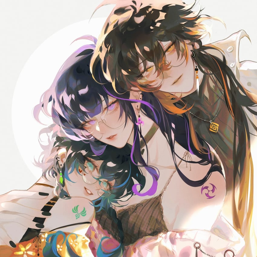 raiden shogun, zhongli, and venti (genshin impact) drawn by yionyi23