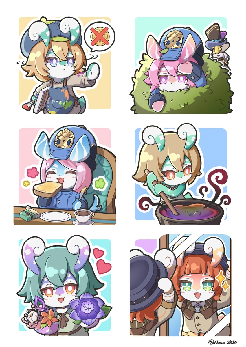 blathine, mamere, muirne, verenata, gentleman poodle, and 2 more (genshin impact) drawn by niwa_2810