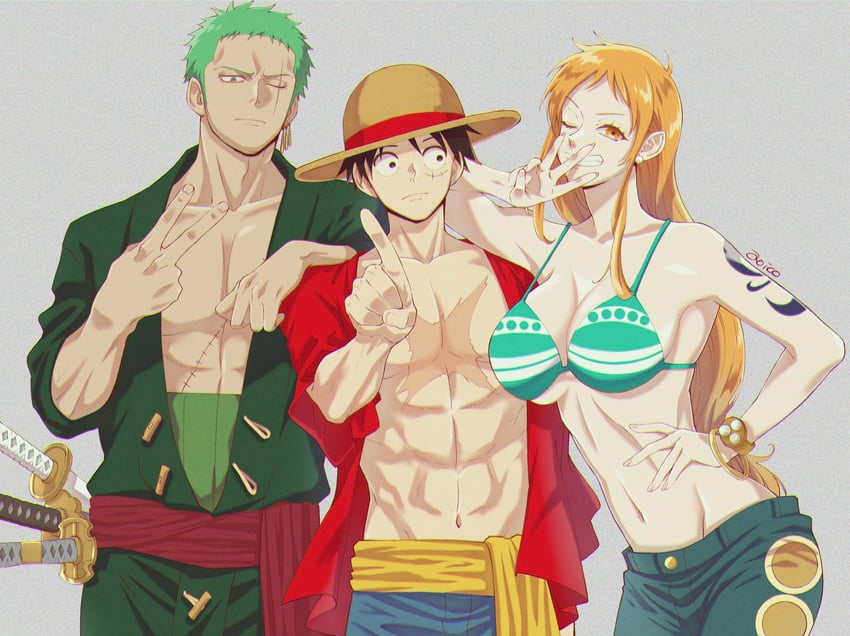 nami, monkey d. luffy, and roronoa zoro (one piece) drawn by aoico_blue8