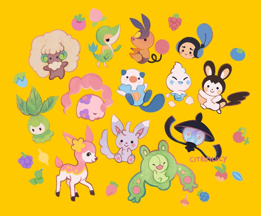 oshawott, snivy, tepig, emolga, whimsicott, and 8 more (pokemon) drawn by citruslucy